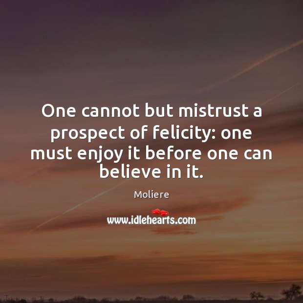 One cannot but mistrust a prospect of felicity: one must enjoy it Moliere Picture Quote