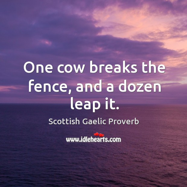 One cow breaks the fence, and a dozen leap it. Scottish Gaelic Proverbs Image