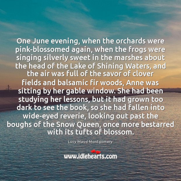One June evening, when the orchards were pink-blossomed again, when the frogs 