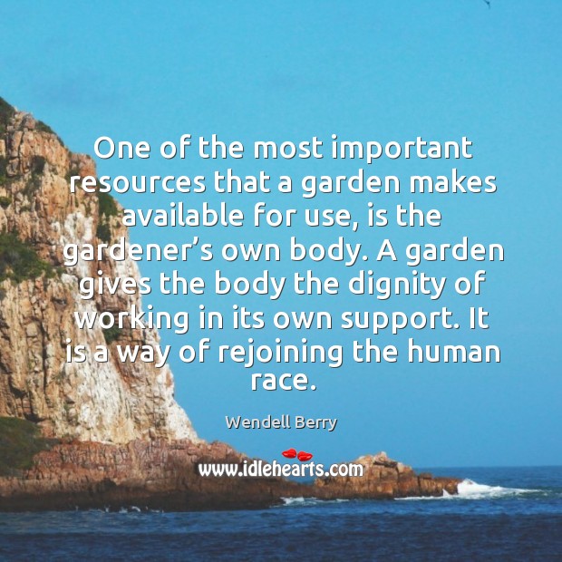 One of the most important resources that a garden makes available for use, is the gardener’s own body. Wendell Berry Picture Quote