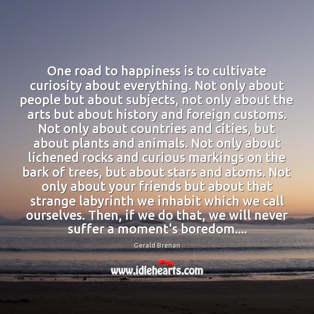 One road to happiness is to cultivate curiosity about everything. Not only Gerald Brenan Picture Quote