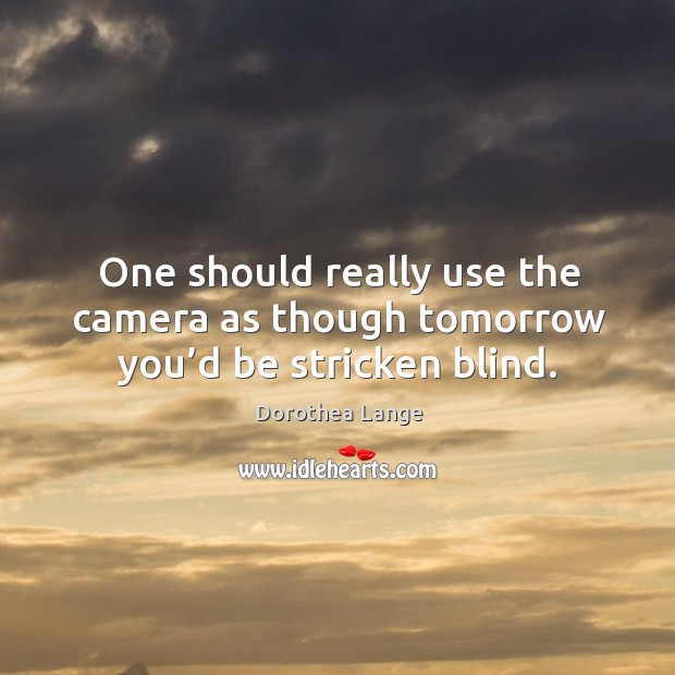 One should really use the camera as though tomorrow you’d be stricken blind. Dorothea Lange Picture Quote