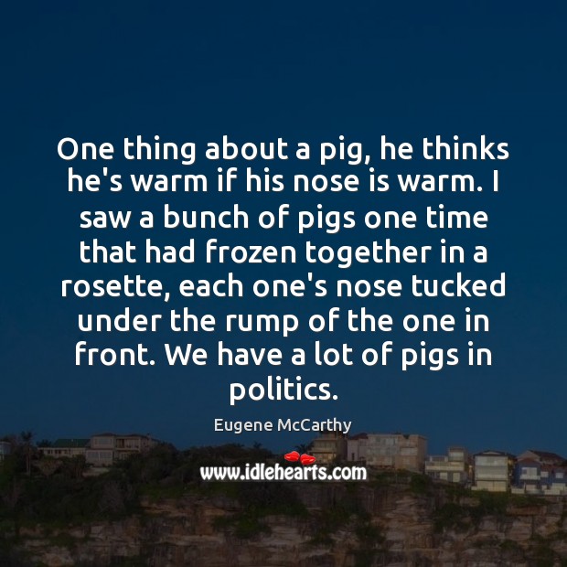 One thing about a pig, he thinks he’s warm if his nose Eugene McCarthy Picture Quote