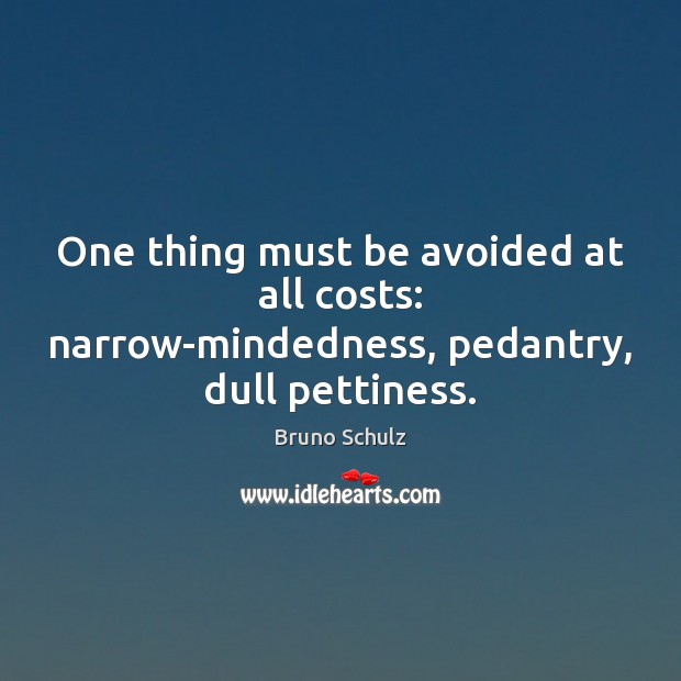 One thing must be avoided at all costs: narrow-mindedness, pedantry, dull pettiness. Bruno Schulz Picture Quote
