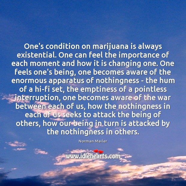 One’s condition on marijuana is always existential. One can feel the importance Norman Mailer Picture Quote