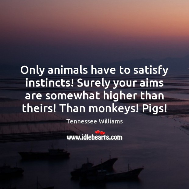 Only animals have to satisfy instincts! Surely your aims are somewhat higher Tennessee Williams Picture Quote