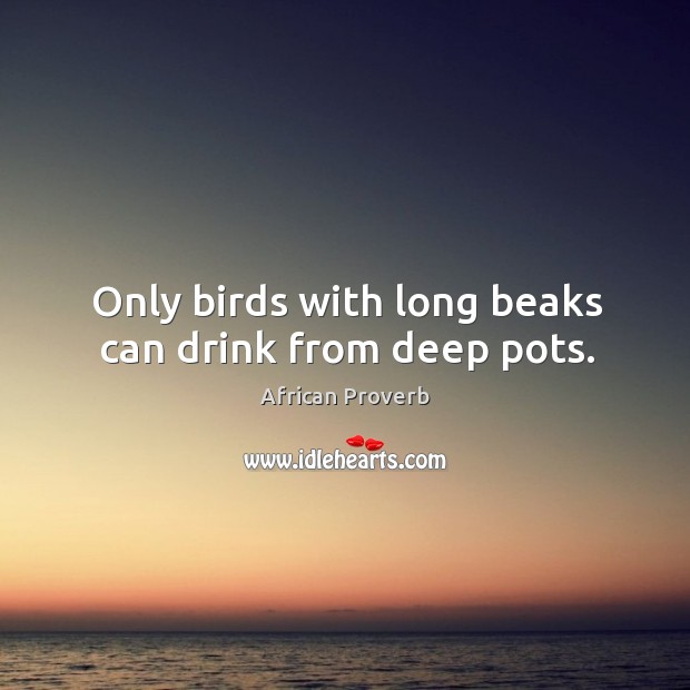 Only birds with long beaks can drink from deep pots. African Proverbs Image