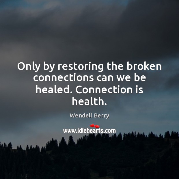 Only by restoring the broken connections can we be healed. Connection is health. Wendell Berry Picture Quote