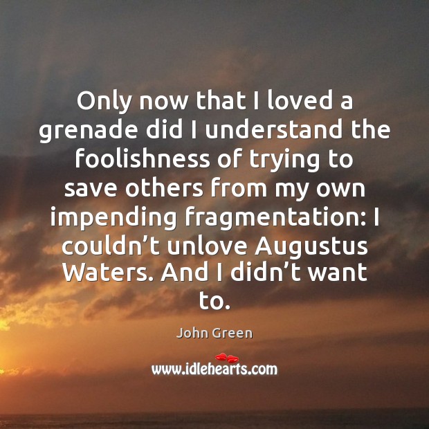 Only now that I loved a grenade did I understand the foolishness John Green Picture Quote
