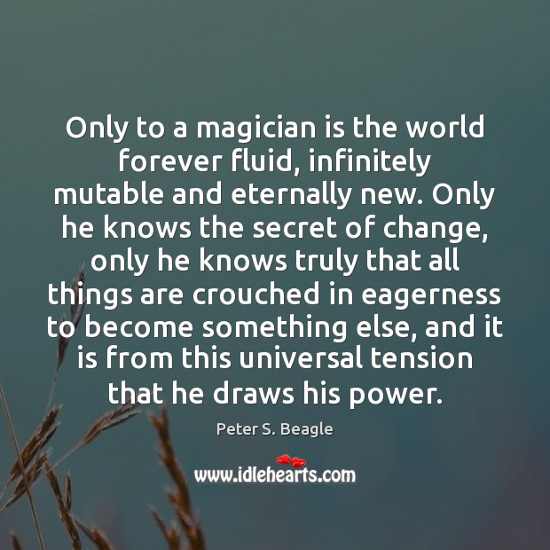 Only to a magician is the world forever fluid, infinitely mutable and Peter S. Beagle Picture Quote