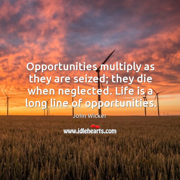 Opportunities multiply as they are seized; they die when neglected. Life is a long line of opportunities. John Wicker Picture Quote