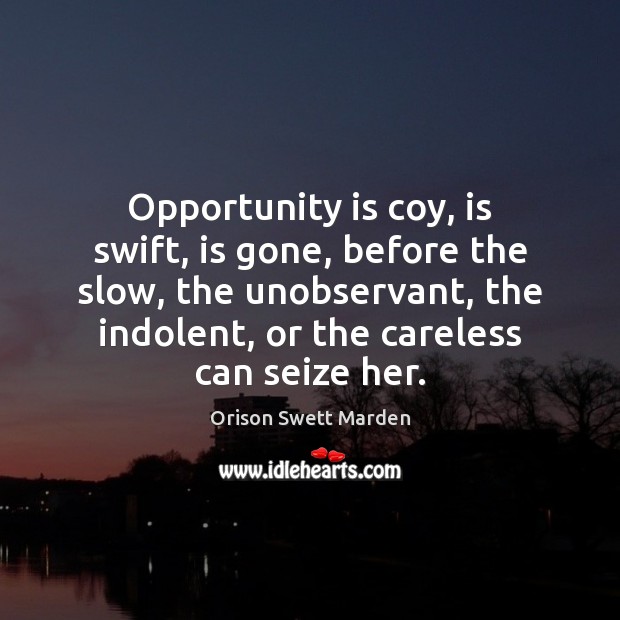 Opportunity is coy, is swift, is gone, before the slow, the unobservant, Orison Swett Marden Picture Quote