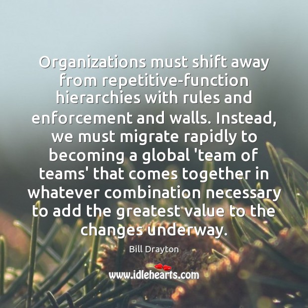 Organizations must shift away from repetitive-function hierarchies with rules and enforcement and Bill Drayton Picture Quote