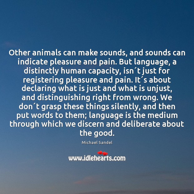 Other animals can make sounds, and sounds can indicate pleasure and pain. Michael Sandel Picture Quote