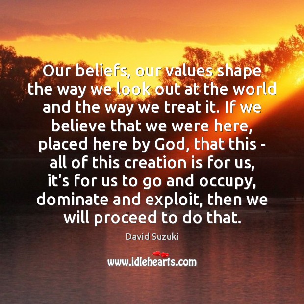 Our beliefs, our values shape the way we look out at the David Suzuki Picture Quote