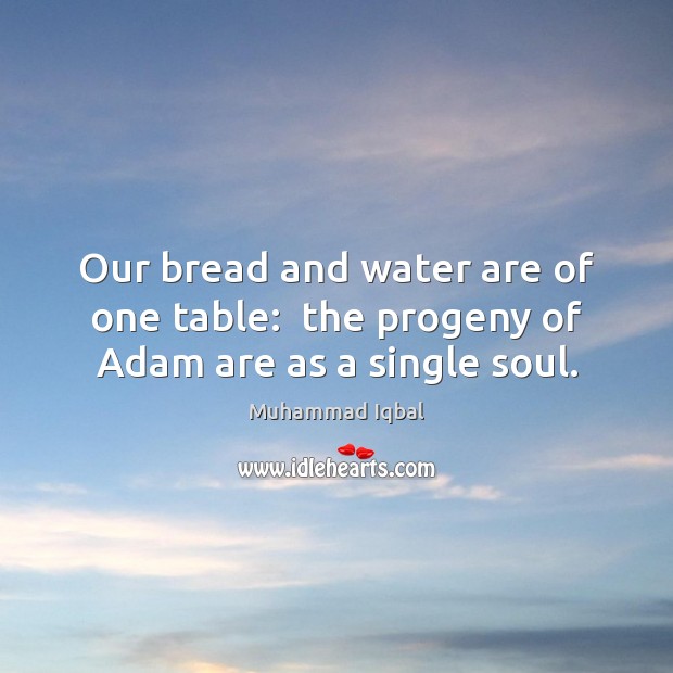 Our bread and water are of one table:  the progeny of Adam are as a single soul. Muhammad Iqbal Picture Quote