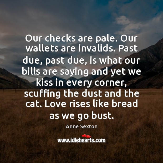 Our checks are pale. Our wallets are invalids. Past due, past due, Anne Sexton Picture Quote