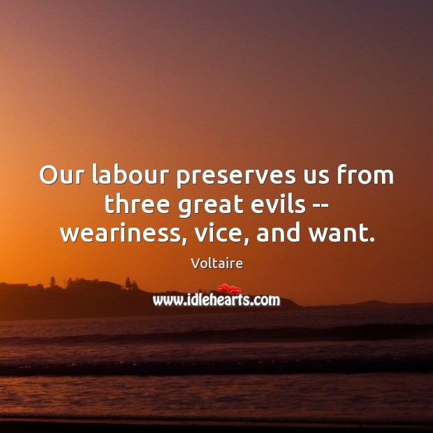 Our labour preserves us from three great evils — weariness, vice, and want. Voltaire Picture Quote