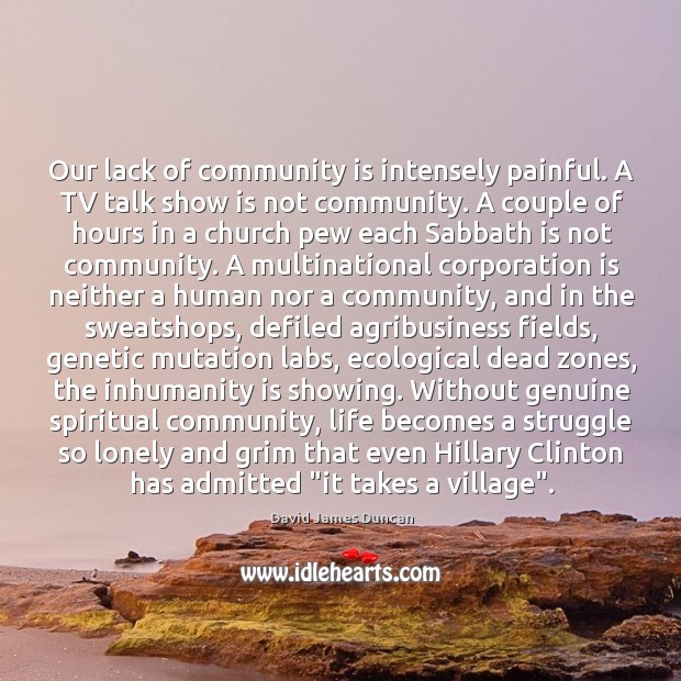 Our lack of community is intensely painful. A TV talk show is David James Duncan Picture Quote