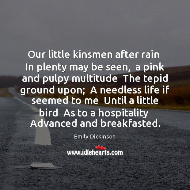 Our little kinsmen after rain  In plenty may be seen,  a pink Emily Dickinson Picture Quote