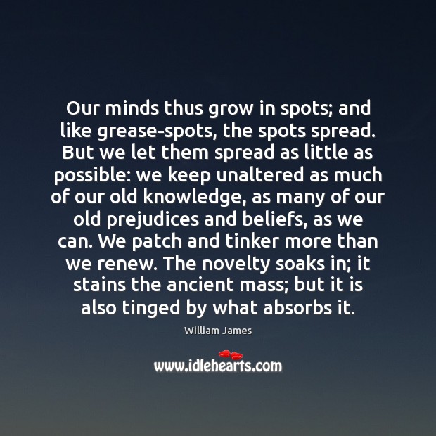 Our minds thus grow in spots; and like grease-spots, the spots spread. William James Picture Quote