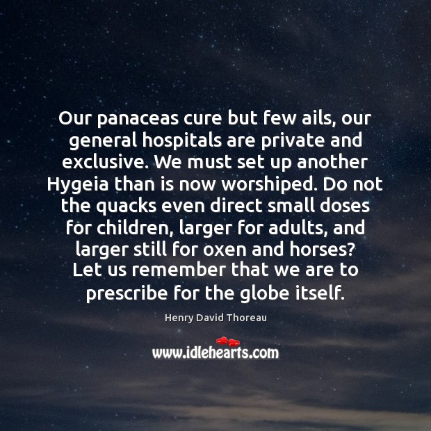 Our panaceas cure but few ails, our general hospitals are private and Henry David Thoreau Picture Quote