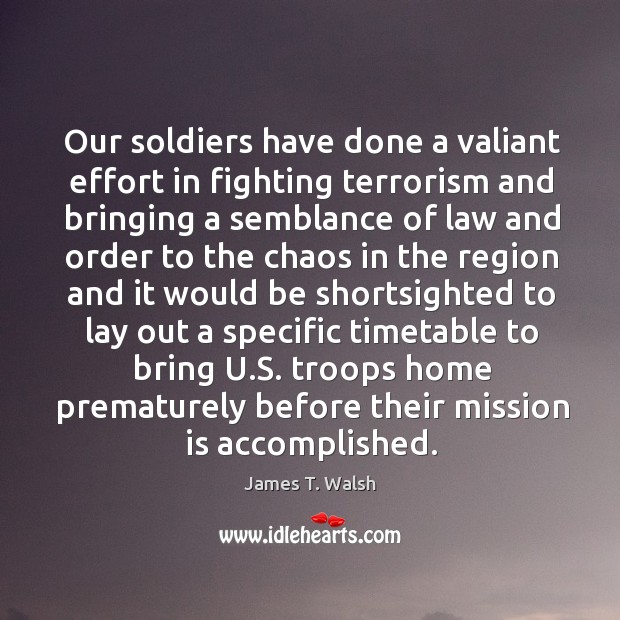 Our soldiers have done a valiant effort in fighting terrorism and bringing a semblance James T. Walsh Picture Quote