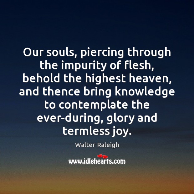 Our souls, piercing through the impurity of flesh, behold the highest heaven, Walter Raleigh Picture Quote