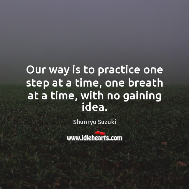 Our way is to practice one step at a time, one breath at a time, with no gaining idea. Shunryu Suzuki Picture Quote