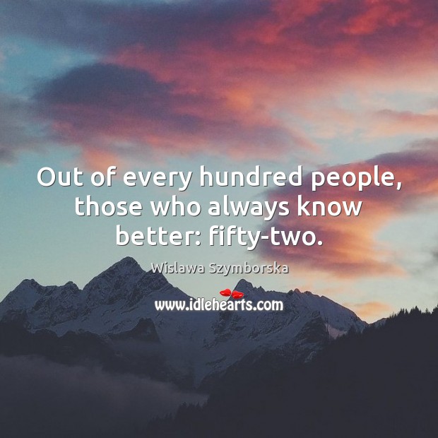 Out of every hundred people, those who always know better: fifty-two. Wislawa Szymborska Picture Quote