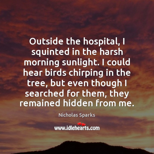 Outside the hospital, I squinted in the harsh morning sunlight. I could Nicholas Sparks Picture Quote