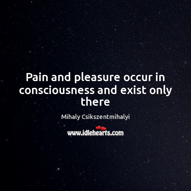 Pain and pleasure occur in consciousness and exist only there Mihaly Csikszentmihalyi Picture Quote