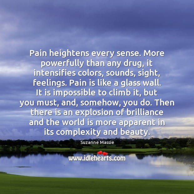 Pain heightens every sense. More powerfully than any drug, it intensifies colors, Suzanne Massie Picture Quote