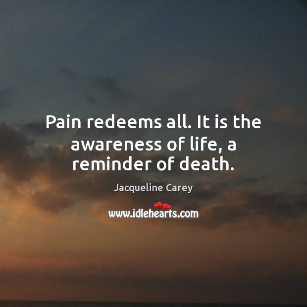 Pain redeems all. It is the awareness of life, a reminder of death. Jacqueline Carey Picture Quote