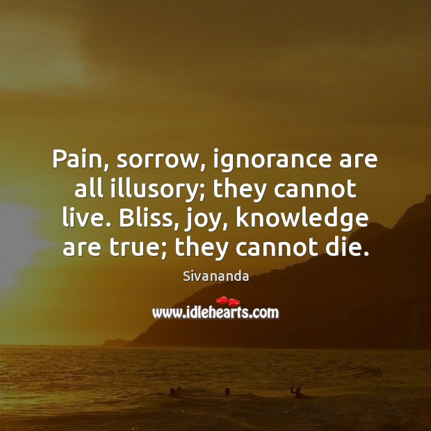 Pain, sorrow, ignorance are all illusory; they cannot live. Bliss, joy, knowledge Sivananda Picture Quote