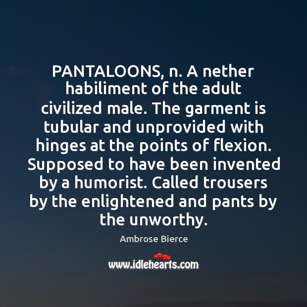 PANTALOONS, n. A nether habiliment of the adult civilized male. The garment Image