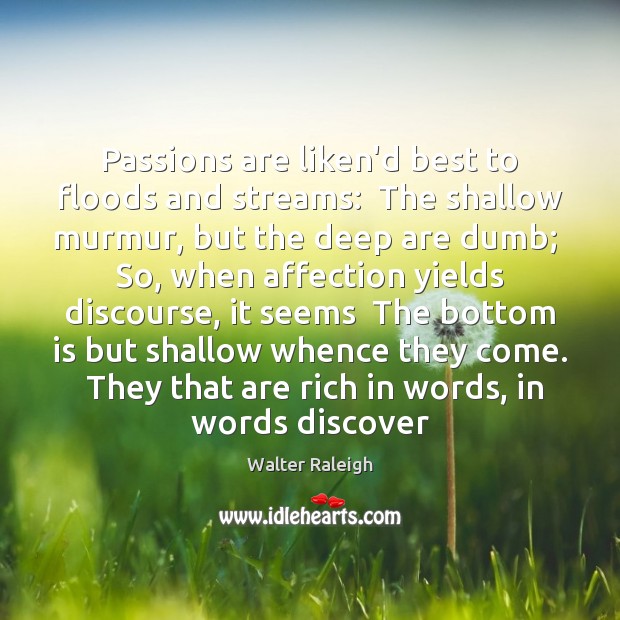 Passions are liken’d best to floods and streams:  The shallow murmur, but Walter Raleigh Picture Quote