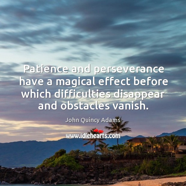 Patience and perseverance have a magical effect before which difficulties disappear and obstacles vanish. John Quincy Adams Picture Quote
