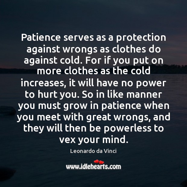 Patience serves as a protection against wrongs as clothes do against cold. Leonardo da Vinci Picture Quote