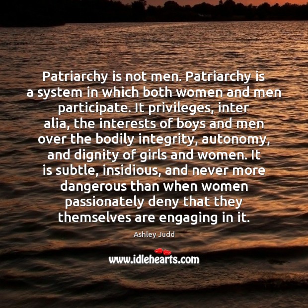 Patriarchy is not men. Patriarchy is a system in which both women Ashley Judd Picture Quote