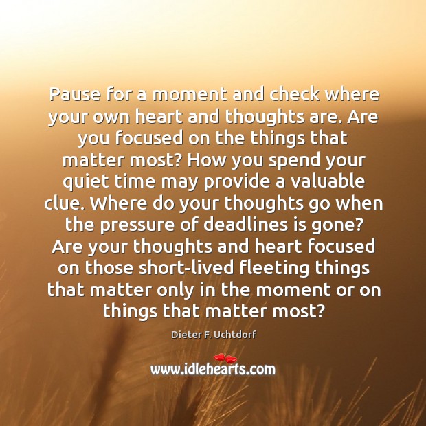 Pause for a moment and check where your own heart and thoughts Dieter F. Uchtdorf Picture Quote