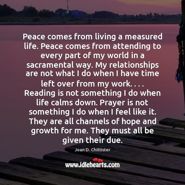Peace comes from living a measured life. Peace comes from attending to Joan D. Chittister Picture Quote