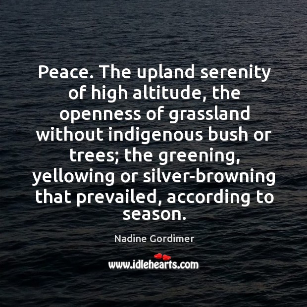 Peace. The upland serenity of high altitude, the openness of grassland without Nadine Gordimer Picture Quote