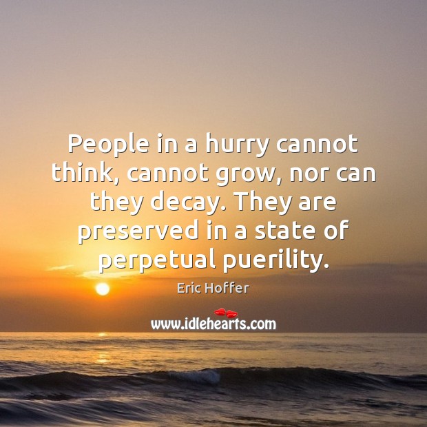 People in a hurry cannot think, cannot grow, nor can they decay. Eric Hoffer Picture Quote