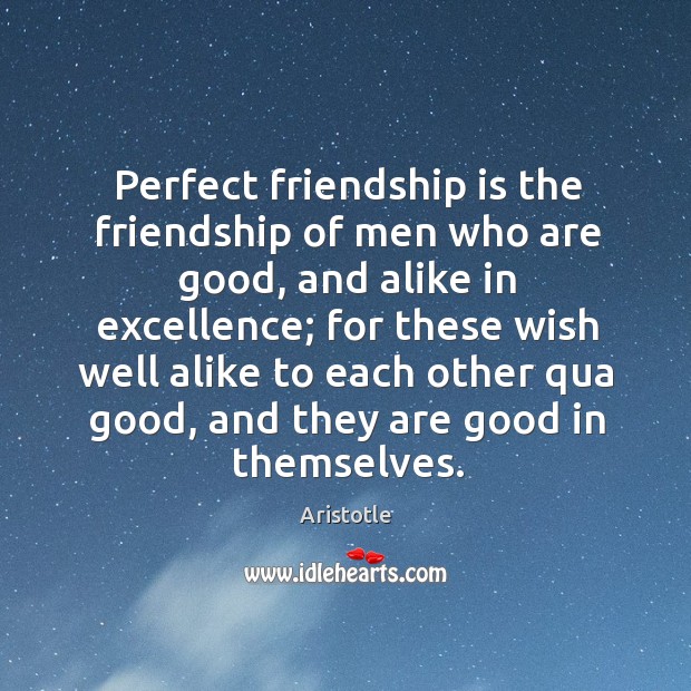 Perfect friendship is the friendship of men who are good, and alike in excellence Aristotle Picture Quote