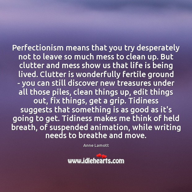 Perfectionism means that you try desperately not to leave so much mess Anne Lamott Picture Quote