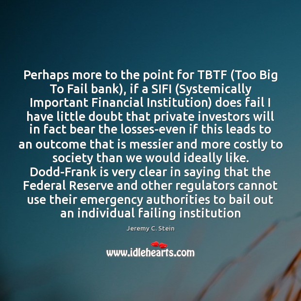 Perhaps more to the point for TBTF (Too Big To Fail bank), Jeremy C. Stein Picture Quote
