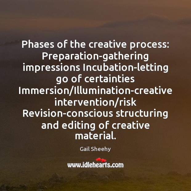 Phases of the creative process: Preparation-gathering impressions Incubation-letting go of certainties Immersion/ Image