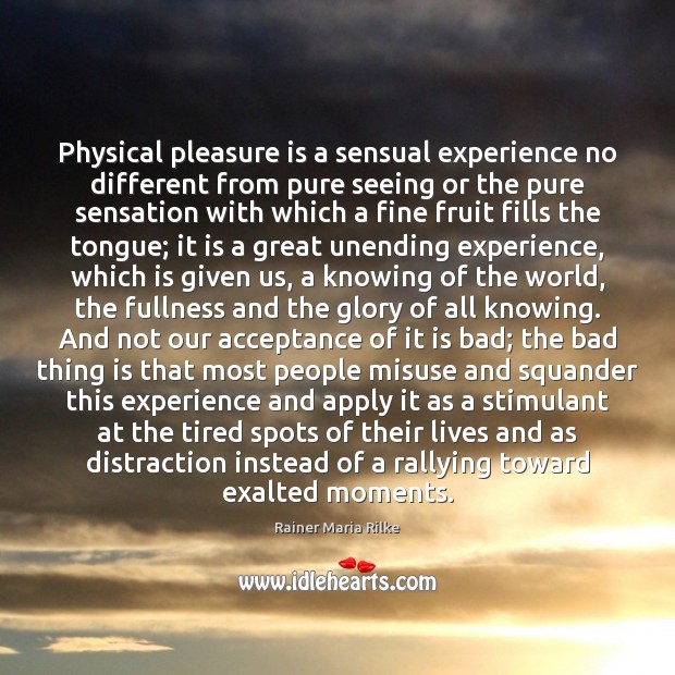 Physical pleasure is a sensual experience no different from pure seeing or Rainer Maria Rilke Picture Quote