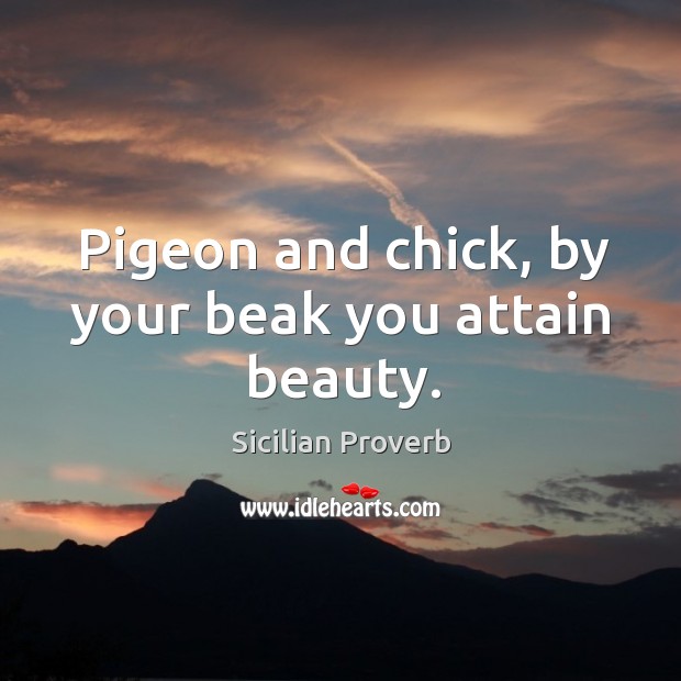 Pigeon and chick, by your beak you attain beauty. Sicilian Proverbs Image